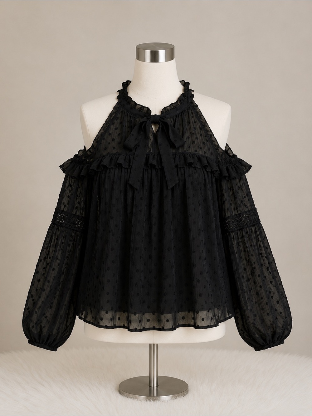 SALE 3/$20 Miss Me Black Swiss Dot Cold-Shoulder Tie-Front Blouse